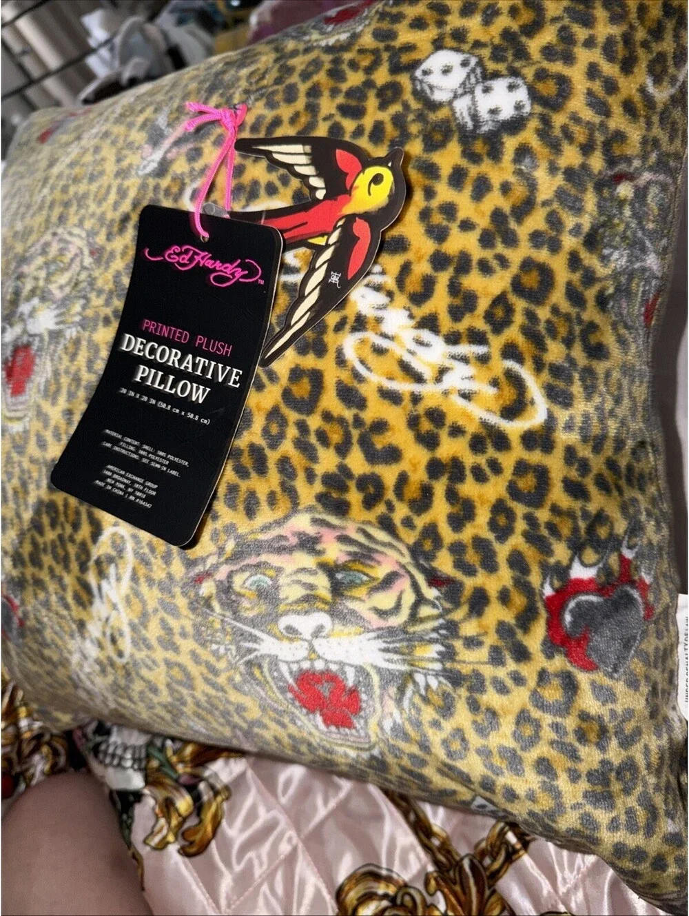 Ed Hardy Tattoo Leopard Print Velvet Decorative Pillows - 20x20